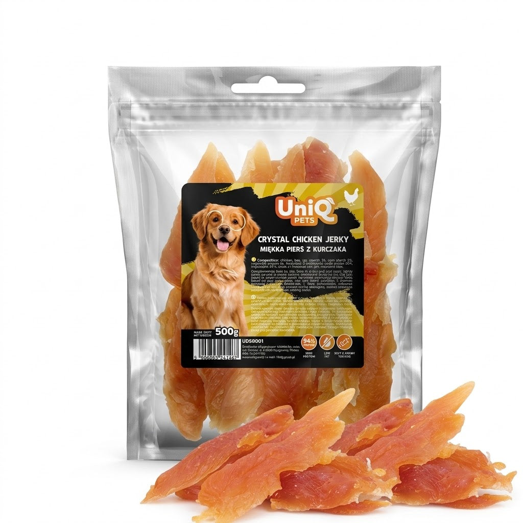 Uniq Pets Meaty Crystal Chicken Jerky – меки лакомства за кучета с 94% пилешко, 500 г