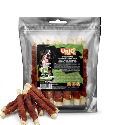UniQ Pets Dog Snacks duck wraps rawhide sticks - Патешко филе увито на пръчка от сурова кожа 17cm, 500gr