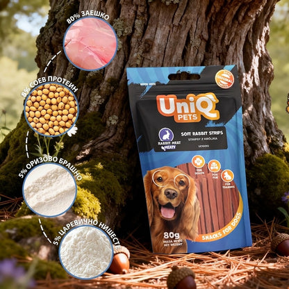 Uniq Pets Meaty Soft Rabbit Strips – меки лакомства за кучета със заешко, 80 г