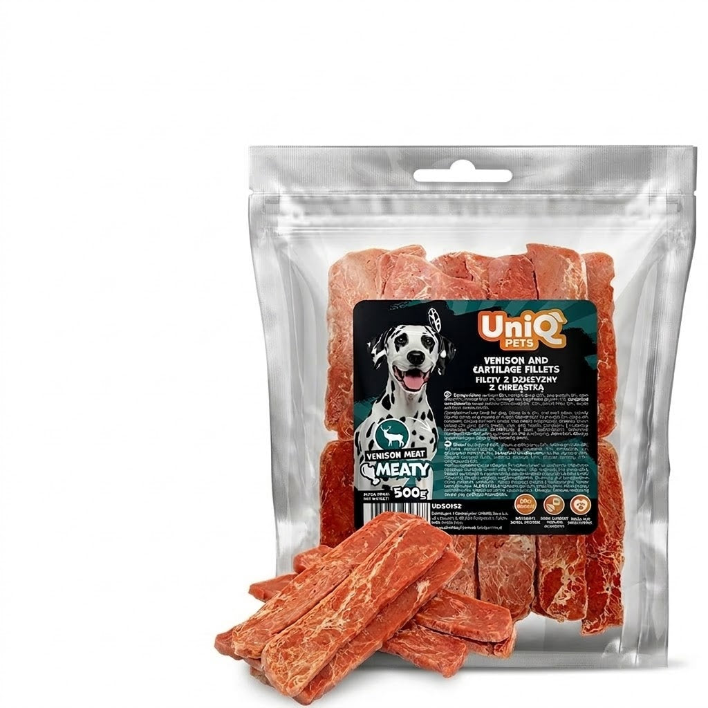 Uniq Pets Meaty Venison & Cartilage Fillets – лакомства за кучета с еленско и хрущял, 500 г