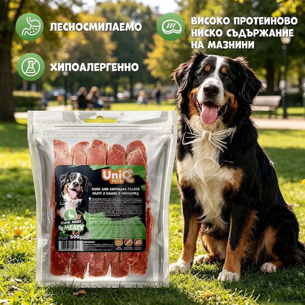 Uniq Pets Meaty Duck & Cartilage Fillets – лакомства за кучета с патешко и хрущял, 500 г