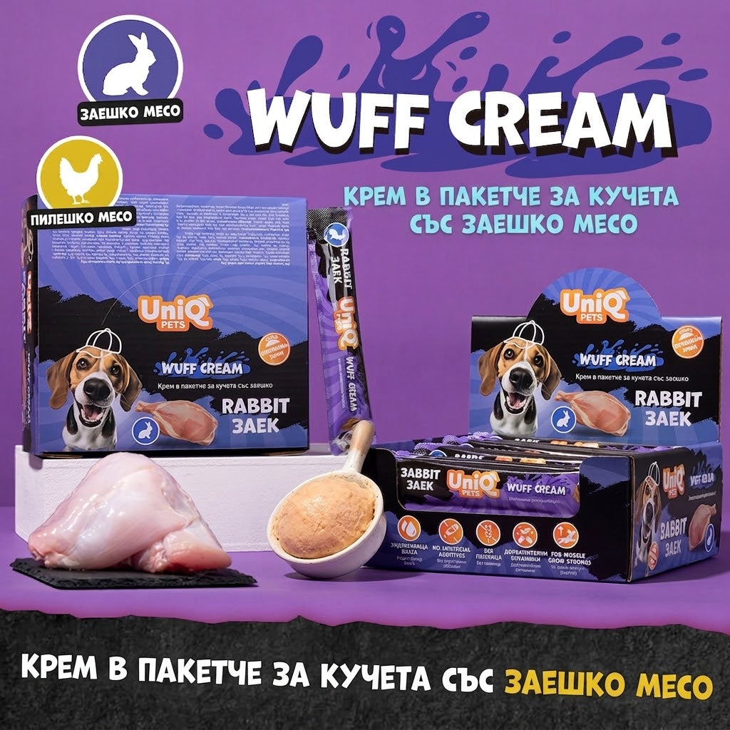 UniQ Pets Dog Snacks Wuffcream Rabbit Кремообразно лакомство за кучета със заешко, 1 брой