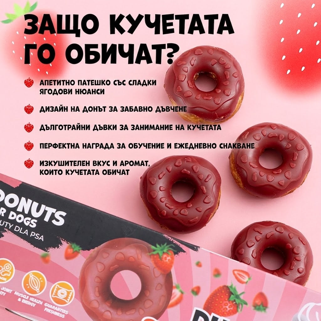 Uniq Pets Collagen Donut Duck & Strawberry – колагенови лакомства за кучета с патешко и ягода, 1 бр