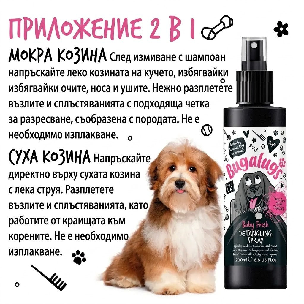 Bugalugs Baby Fresh Detangling Spray for Dogs Спрей за Разресване с Аромат на Бебешка Пудра 200ml