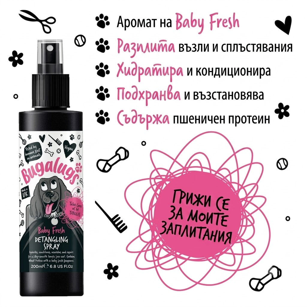 Bugalugs Baby Fresh Detangling Spray for Dogs with Baby Powder Scent 200 ml
