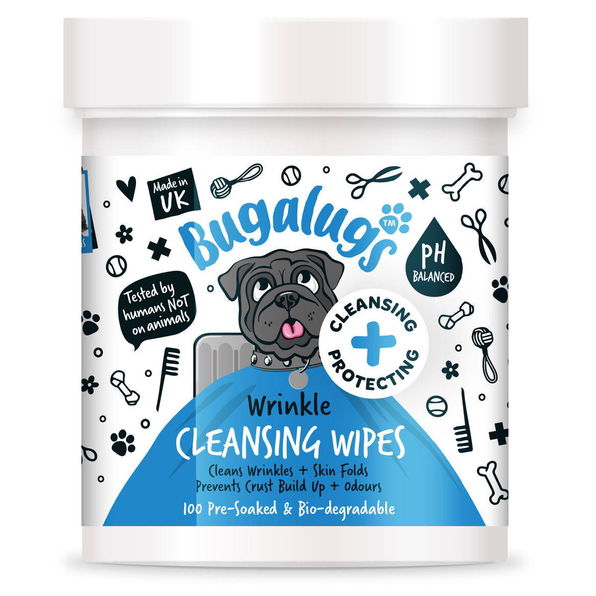 Bugalugs Wrinkle Cleansing Wipes Chlorhexidine for Dogs Почистващи Тампони за Кожни Гънки 100 броя
