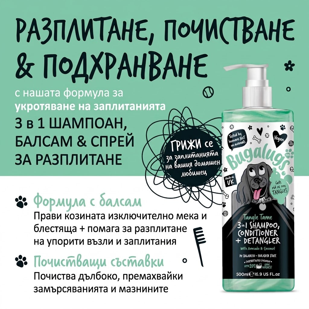 Bugalugs Tangle Tame 3in1 Shampoo, Conditioner & Detangler шампоан 3в1 с авокадо и кокос