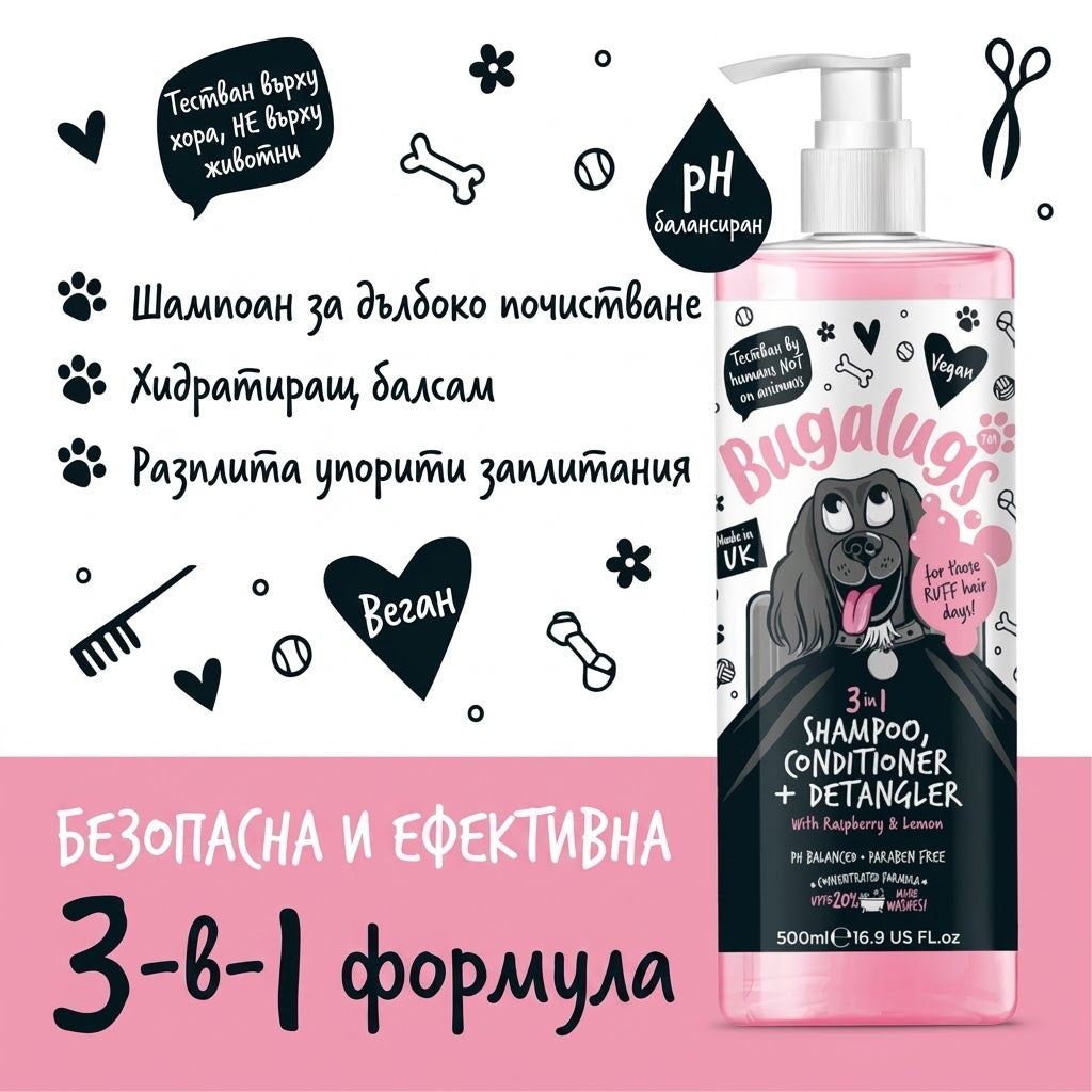 Bugalugs 3-in-1 Raspberry & Lemon Dog Shampoo, Conditioner & Detangler – Шампоан, Балсам и Спрей за Разресване