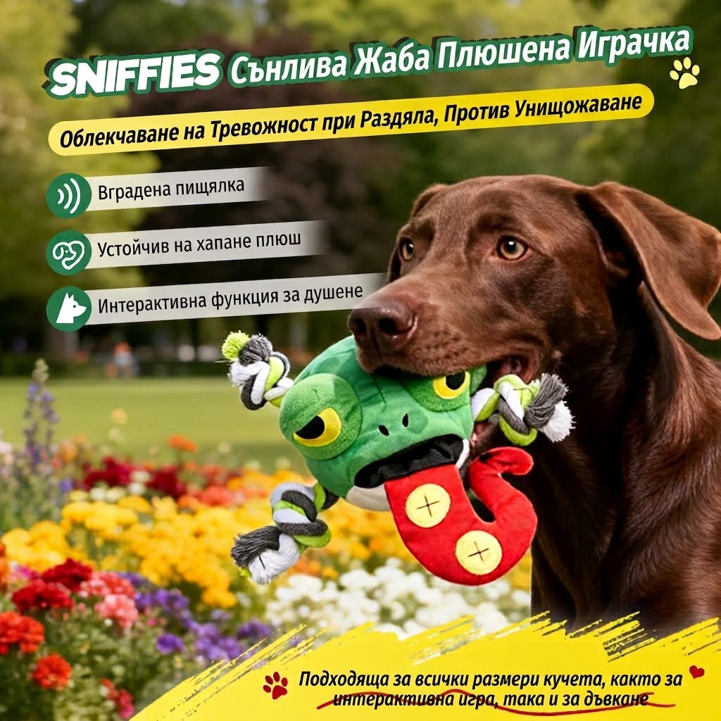 UniQ Pets Sniffies Sleepy Frog - интерактивна играчка за куче с пищялка и sniffing джобчета