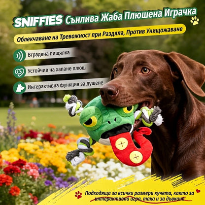UniQ Pets Sniffies Sleepy Frog - интерактивна играчка за куче с пищялка и sniffing джобчета
