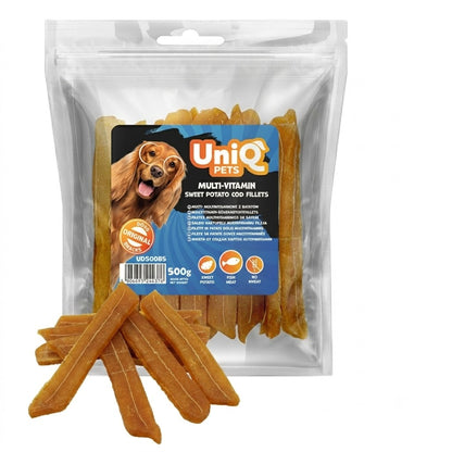 Uniq Pets Dog Snacks Sea & Harvest Multi-Vitamin Sweet Potato Cod Fillets лакомства за кучета със сладък картоф и треска, 500 g