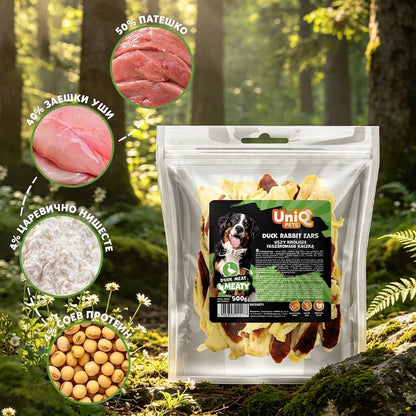 Uniq Pets Dog Snacks Meaty Duck Rabbit Ears лакомство за кучета с патешко и заешки уши, 500 g
