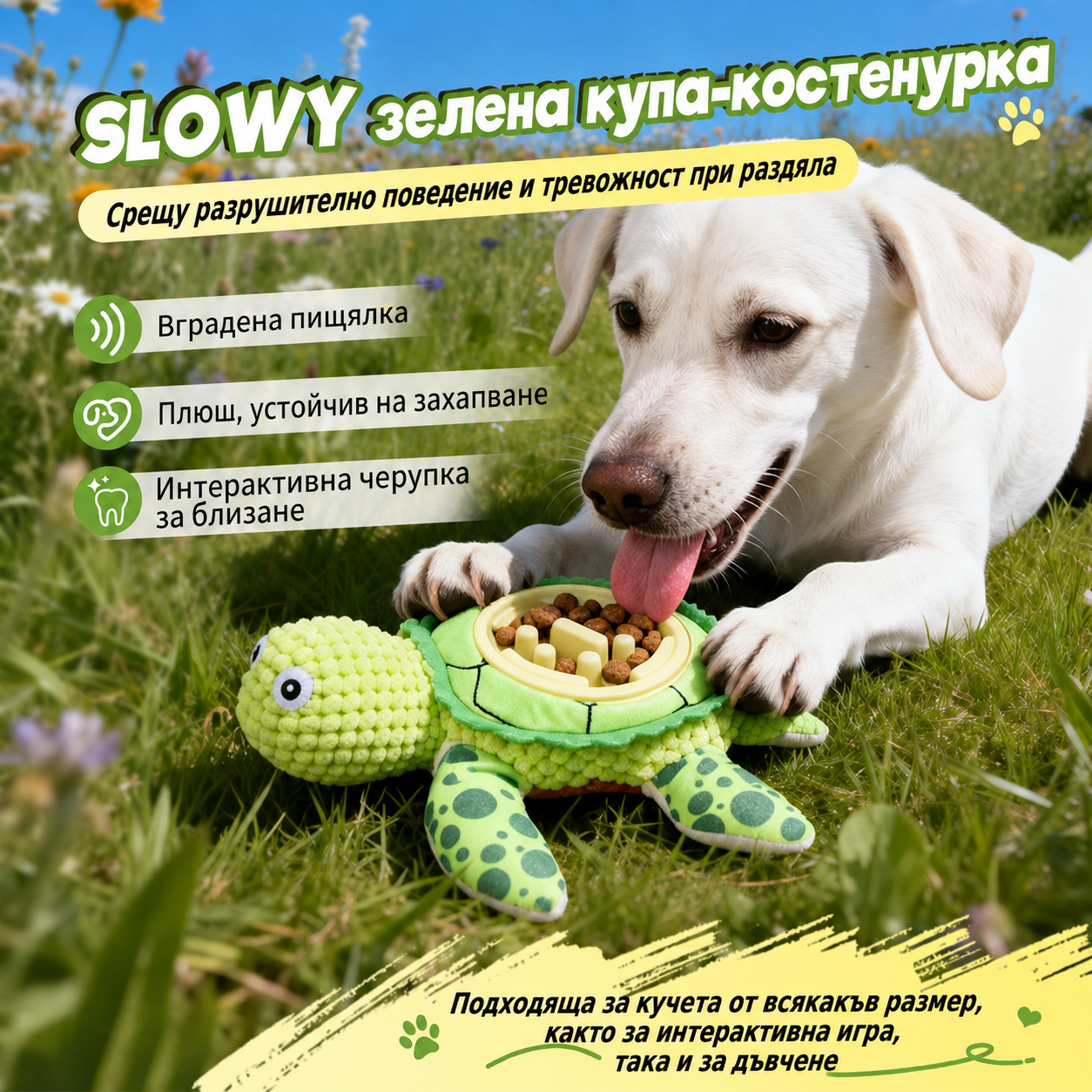 Uniq Pets Plush Dog Toy&Bowl Slowy Green Turtle интерактивна плюшена играчка и купичка за куче