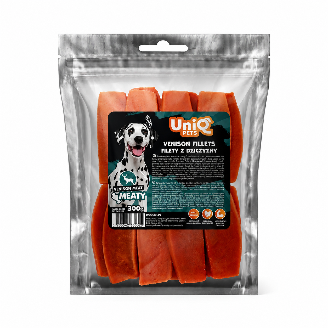 Uniq Pets Meaty Venison Fillets – лакомства за кучета с еленско и еленски бял дроб, 300 г