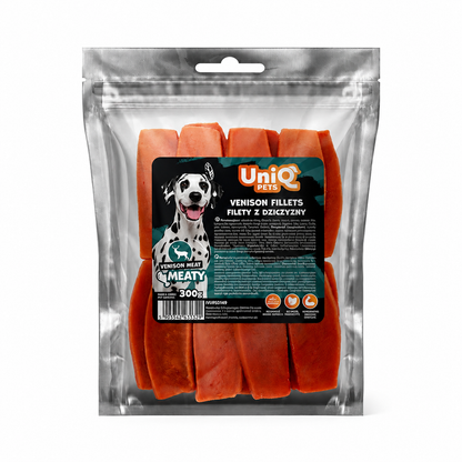 Uniq Pets Meaty Venison Fillets – лакомства за кучета с еленско и еленски бял дроб, 300 г