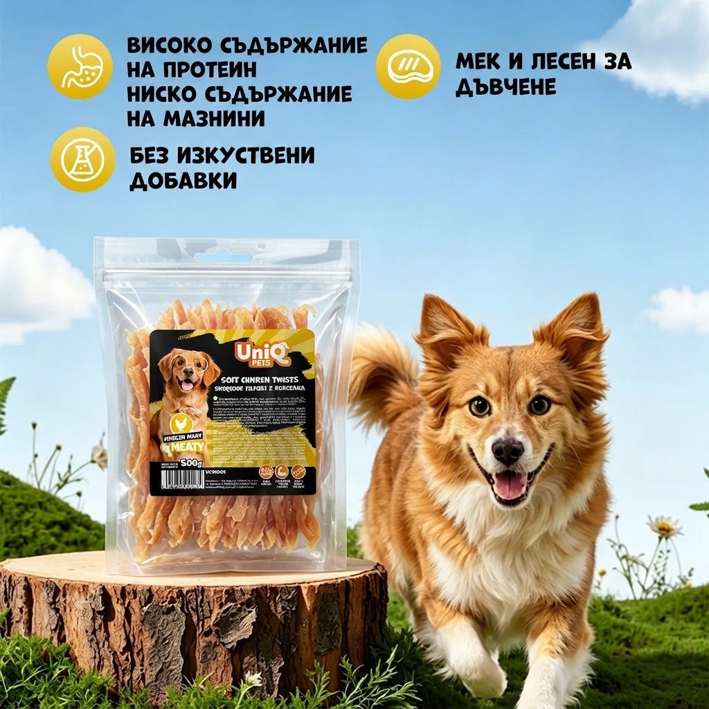 UniQ Pets Dog Snacks Meaty Soft Chicken Twists Меки пилешки лакомства за кучета 500gr
