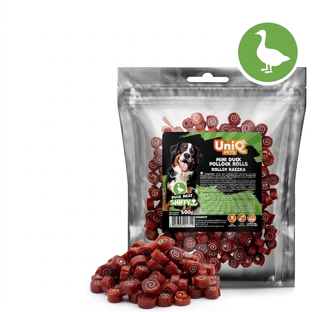 Uniq Pets Sniffy Mini Duck Pollock Rolls – меки лакомства за кучета с патешко и минтай, 500 г