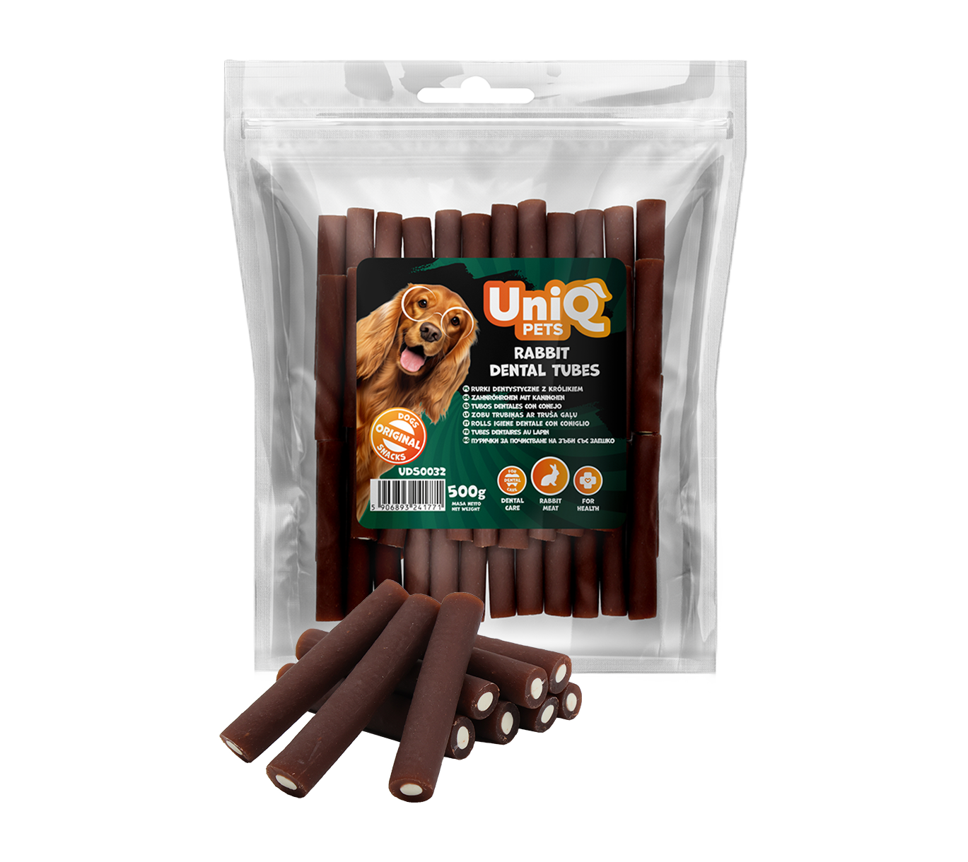 Uniq Pets Dog Dental Sticks Rabbit Sandwich Dental Tubes дентални пурички със заешко месо, 500 g