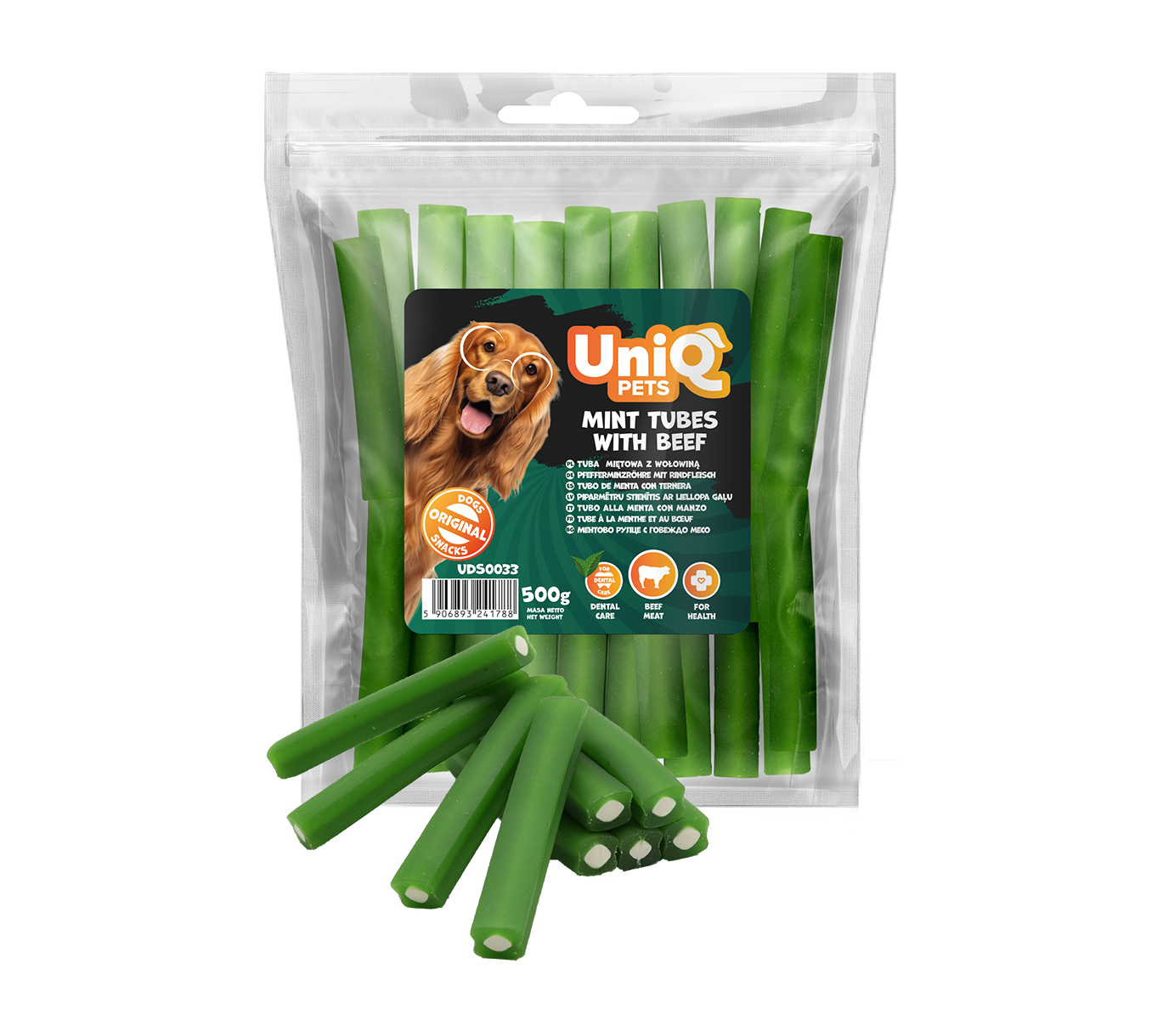 Uniq Pets Dog Snacks Dental Mint Tubes with Beef дентални пурички за кучета с мента и говеждо, 500 g
