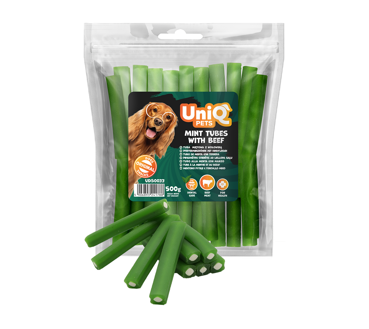 Uniq Pets Dog Snacks Dental Mint Tubes with Beef дентални пурички за кучета с мента и говеждо, 500 g