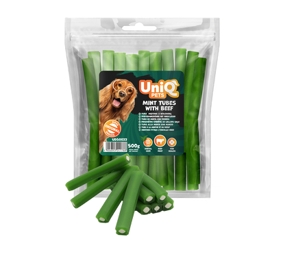 Uniq Pets Dog Snacks Dental Mint Tubes with Beef дентални пурички за кучета с мента и говеждо, 500 g