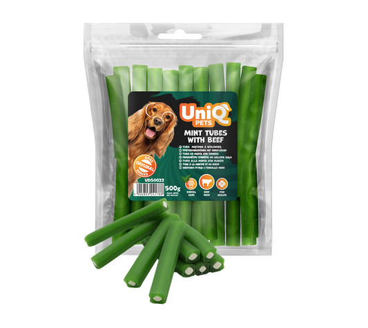Uniq Pets Dog Snacks Dental Mint Tubes with Beef дентални пурички за кучета с мента и говеждо, 500 g