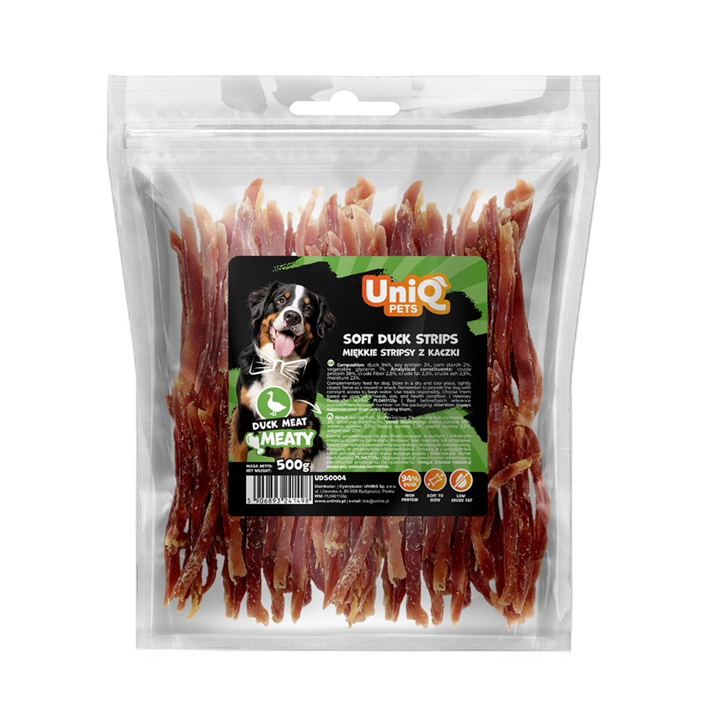 Uniq Pets Dog Snacks Meaty Soft Duck Strips меки патешки ленти за кучета, 500 г