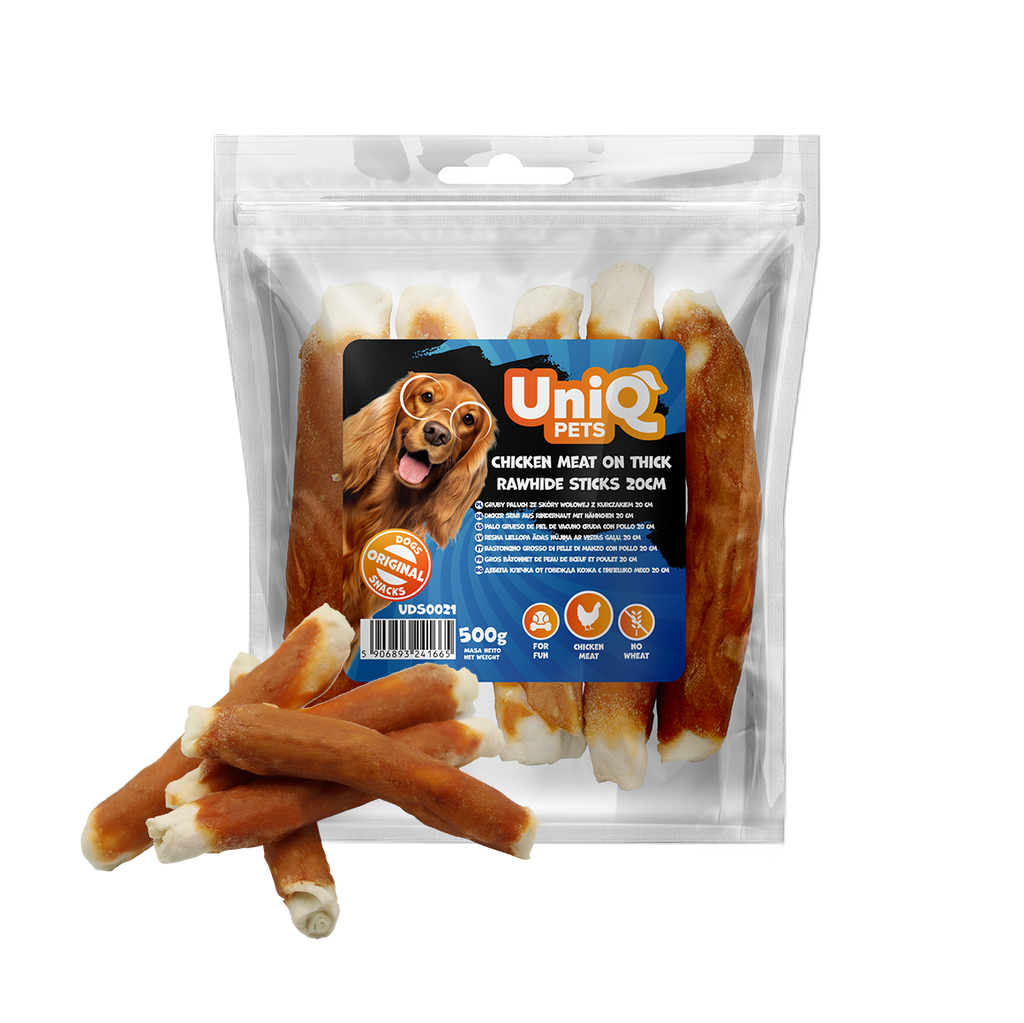 UniQ Pets Thick Rawhide Sticks with Chicken Coating Dog Treats, 20 cm, 500 g