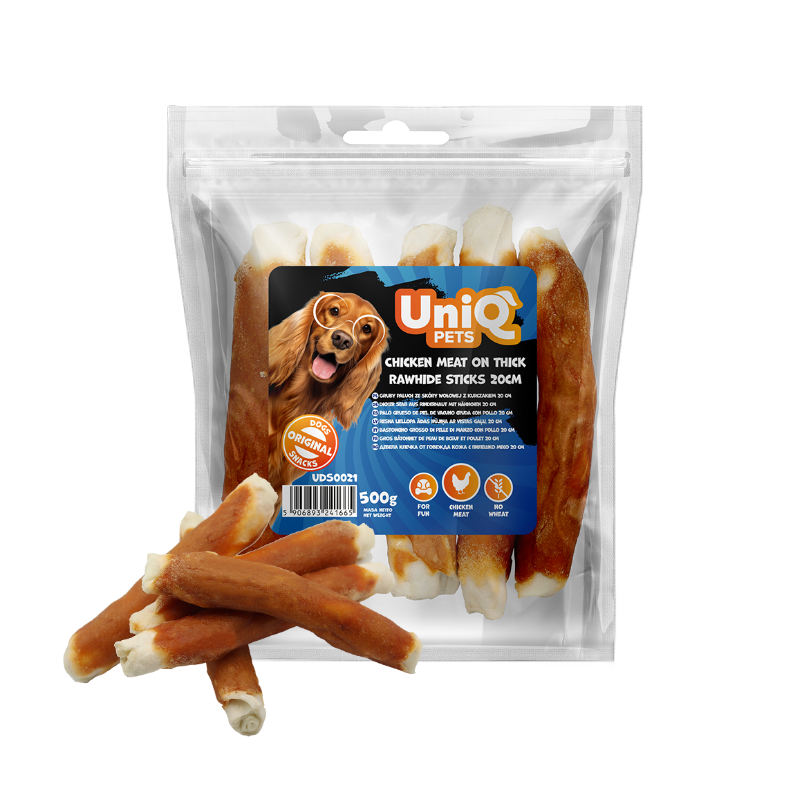 UniQ Pets Dog Snacks chicken meat on thick rawhide sticks 20cm - Дебела rawhide сърцевина с пилешко покритие 500gr