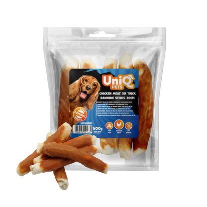 UniQ Pets Dog Snacks chicken meat on thick rawhide sticks 20cm - Дебела rawhide сърцевина с пилешко покритие 500gr