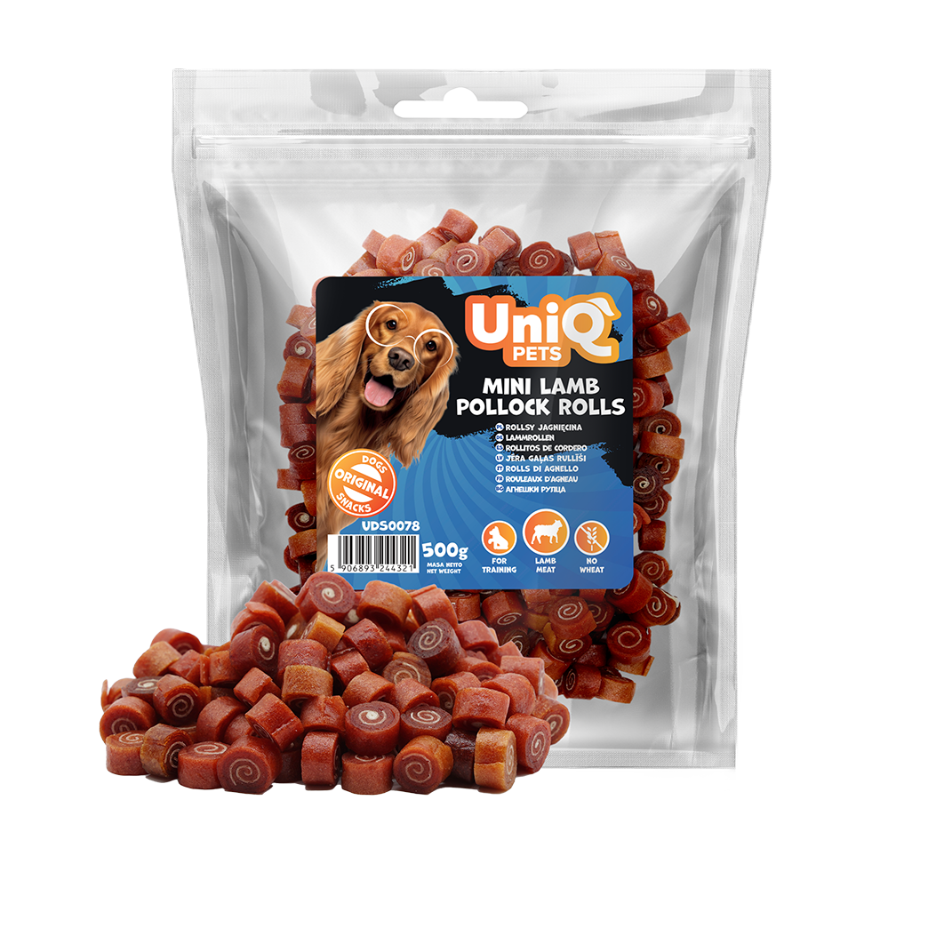 Uniq Pets Dog Snacks Sniffy Mini Lamb Pollock Rolls – мини лакомства за кучета с агнешко и сайда, 500 г
