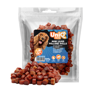 Uniq Pets Dog Snacks Sniffy Mini Lamb Pollock Rolls – мини лакомства за кучета с агнешко и сайда, 500 г