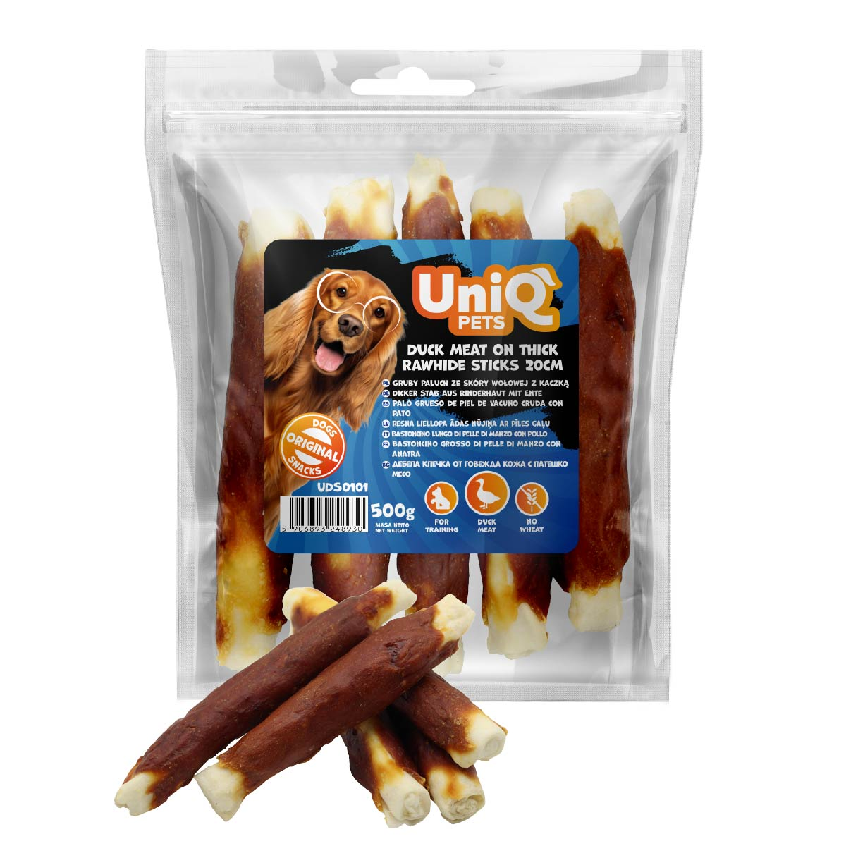 Uniq Pets Dog Snacks Rawhide Duck Meat on Thick Rawhide Sticks дебели дъвчащи стикове с патешко, 20 см, 500 г