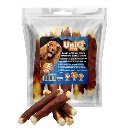 Uniq Pets Dog Snacks Rawhide Duck Meat on Thick Rawhide Sticks дебели дъвчащи стикове с патешко, 20 см, 500 г