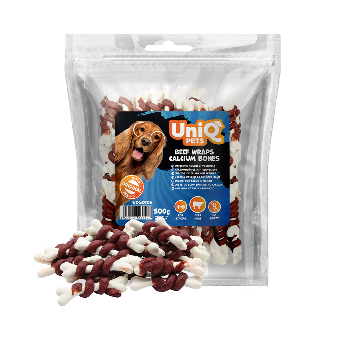 Uniq Pets Chewy Beef Wraps Calcium Bones дъвчащи лакомства за кучета с говеждо, 500 г