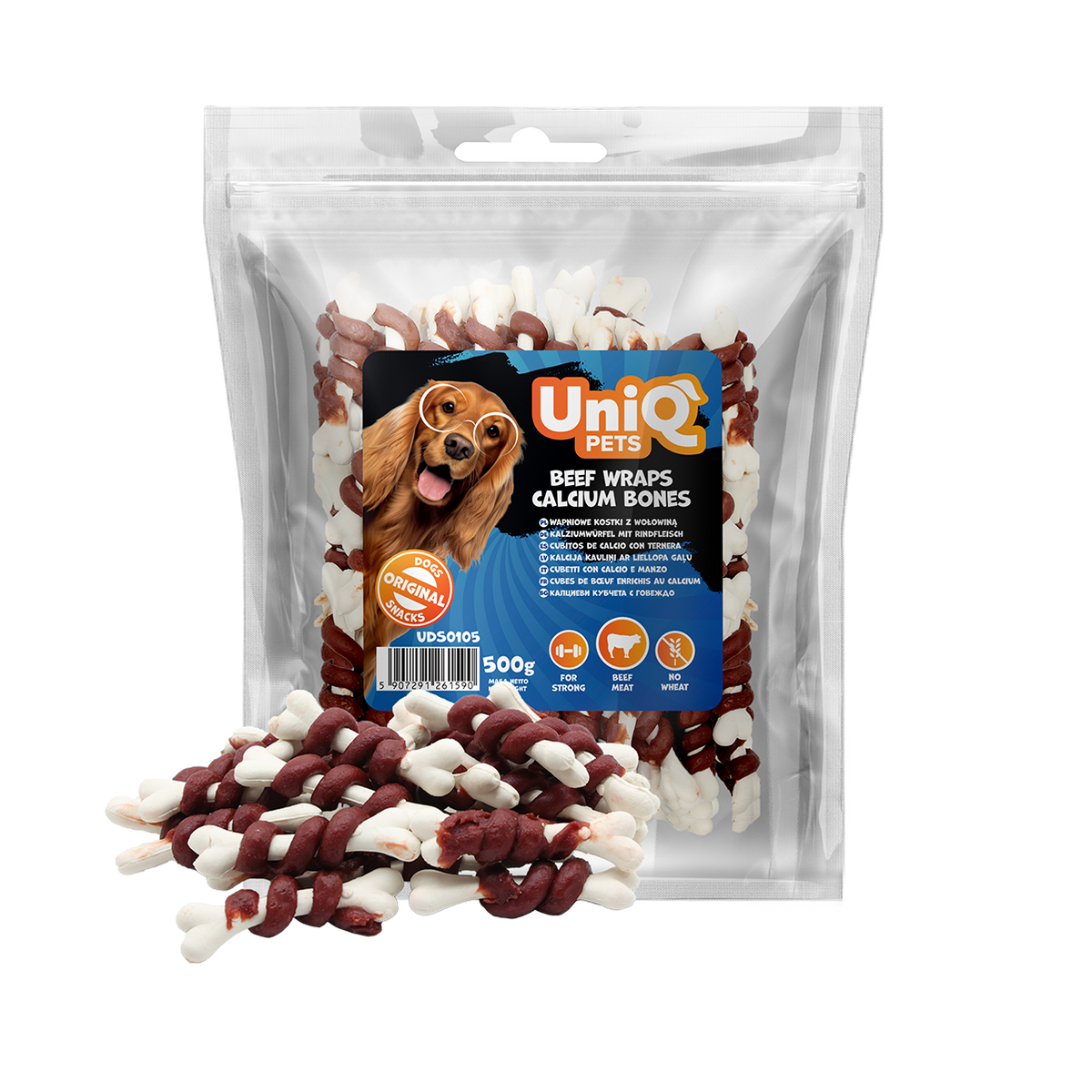 Uniq Pets Chewy Beef Wraps Calcium Bones дъвчащи лакомства за кучета с говеждо, 500 г