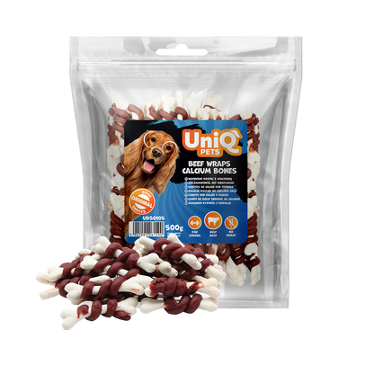 Uniq Pets Chewy Beef Wraps Calcium Bones дъвчащи лакомства за кучета с говеждо, 500 г