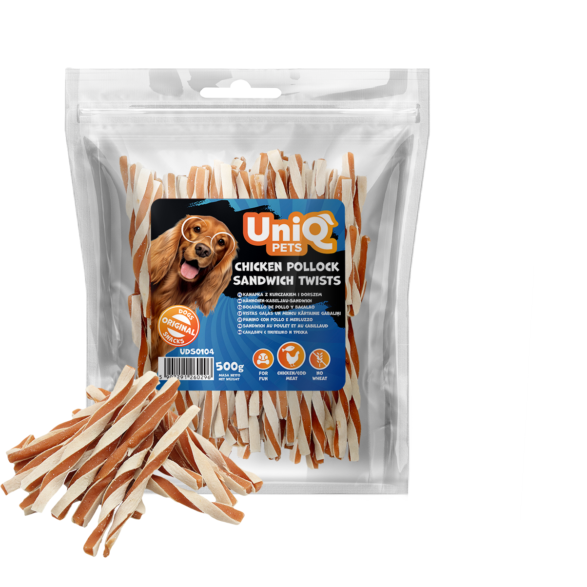 Uniq Pets Meaty Chicken Pollock Sandwich Twists дъвчащи лакомства за кучета с пилешко и сайда, 500 г