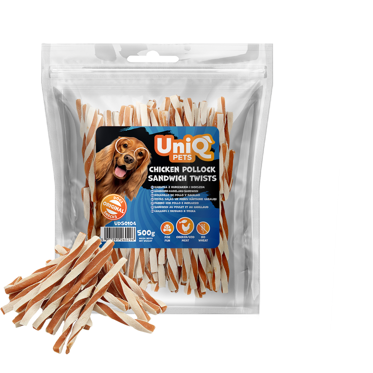 Uniq Pets Meaty Chicken Pollock Sandwich Twists дъвчащи лакомства за кучета с пилешко и сайда, 500 г