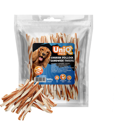 Uniq Pets Meaty Chicken Pollock Sandwich Twists дъвчащи лакомства за кучета с пилешко и сайда, 500 г