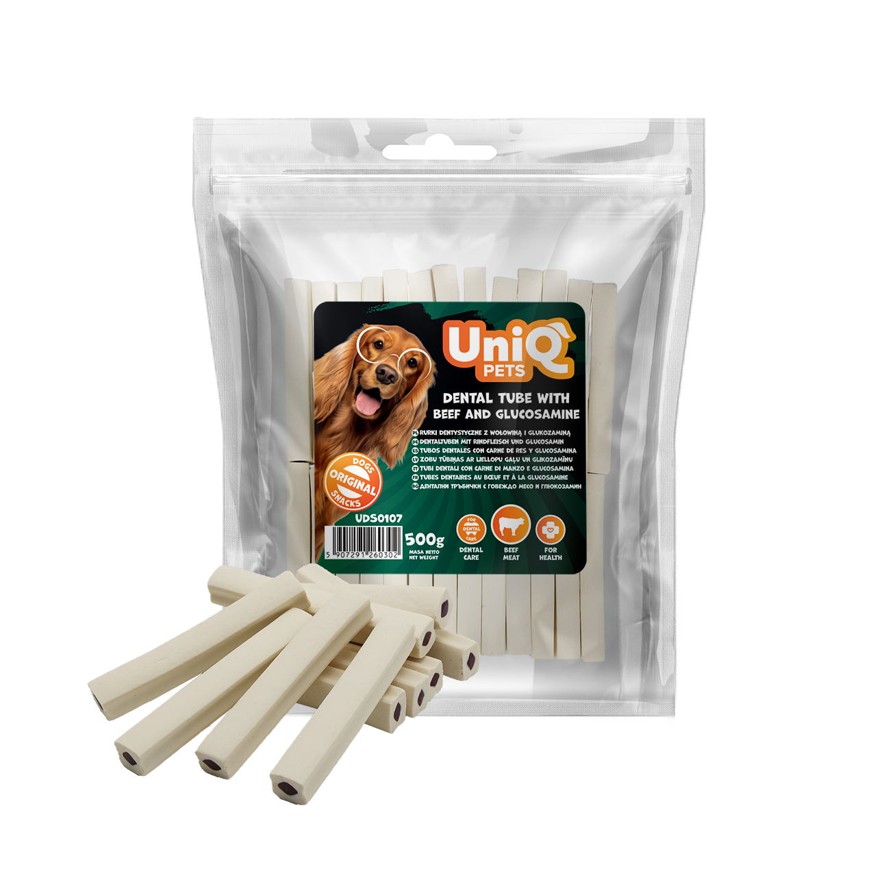 Uniq Pets Dental Tube дентални лакомства за кучета с говеждо и глюкозамин, 500 г