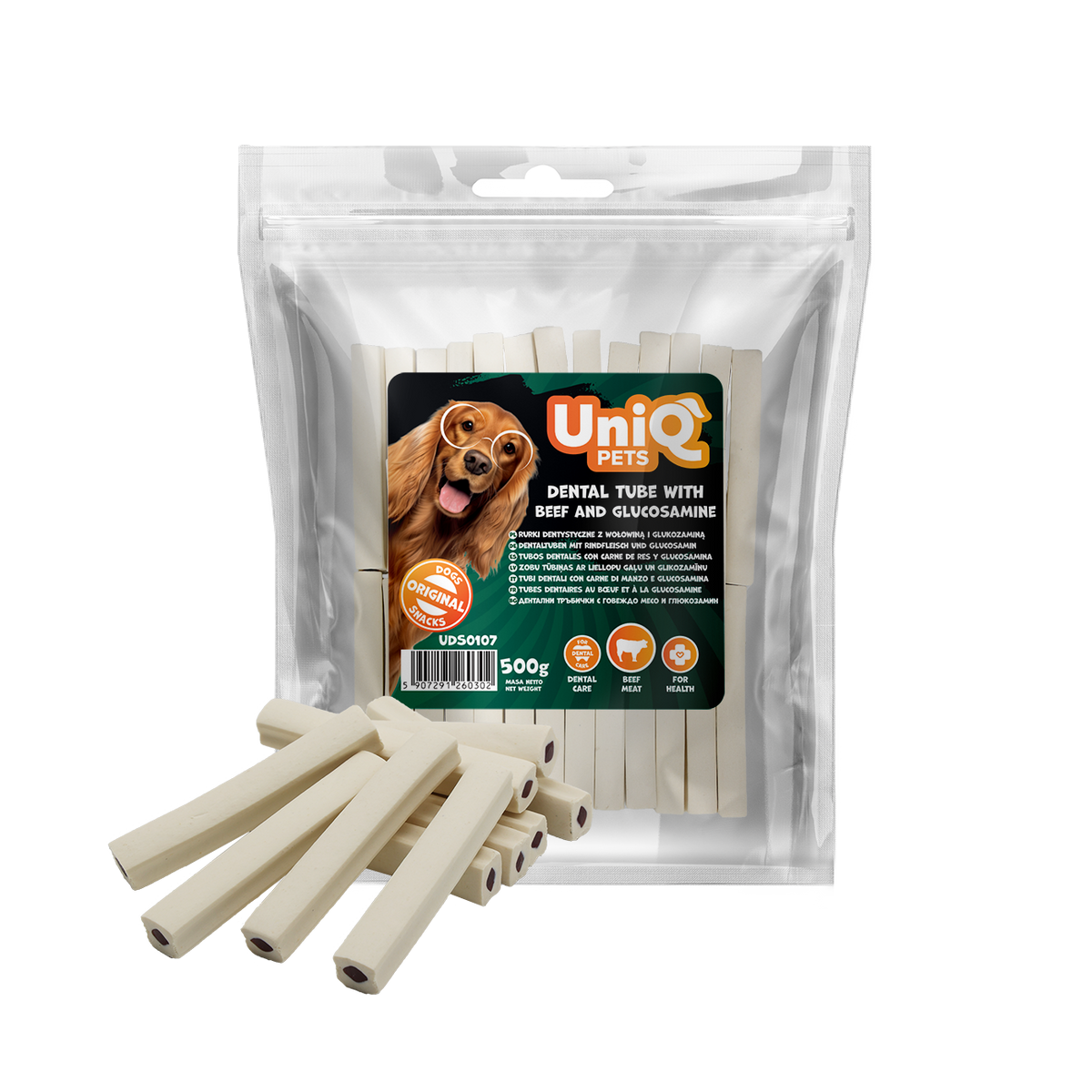 Uniq Pets Dental Tube дентални лакомства за кучета с говеждо и глюкозамин, 500 г