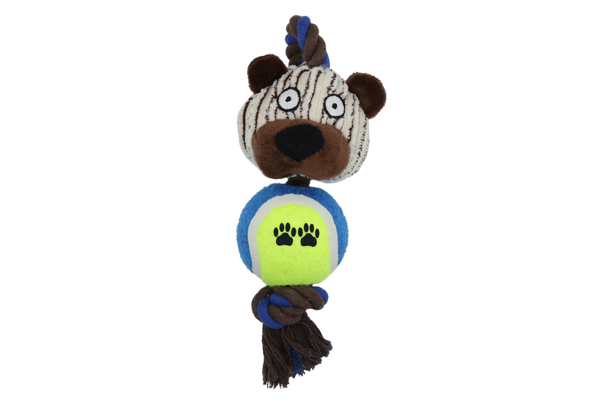 Uniq Pets Ropy Bear – плюшена играчка за куче с въже, топка и пищялка, 20 см