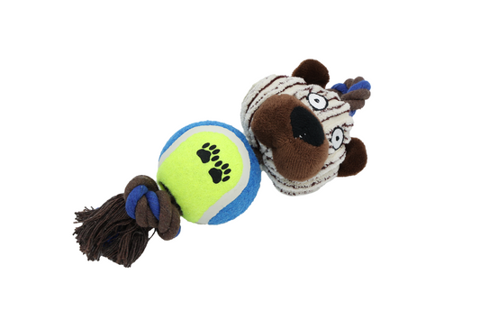 Uniq Pets Ropy Bear – плюшена играчка за куче с въже, топка и пищялка, 20 см