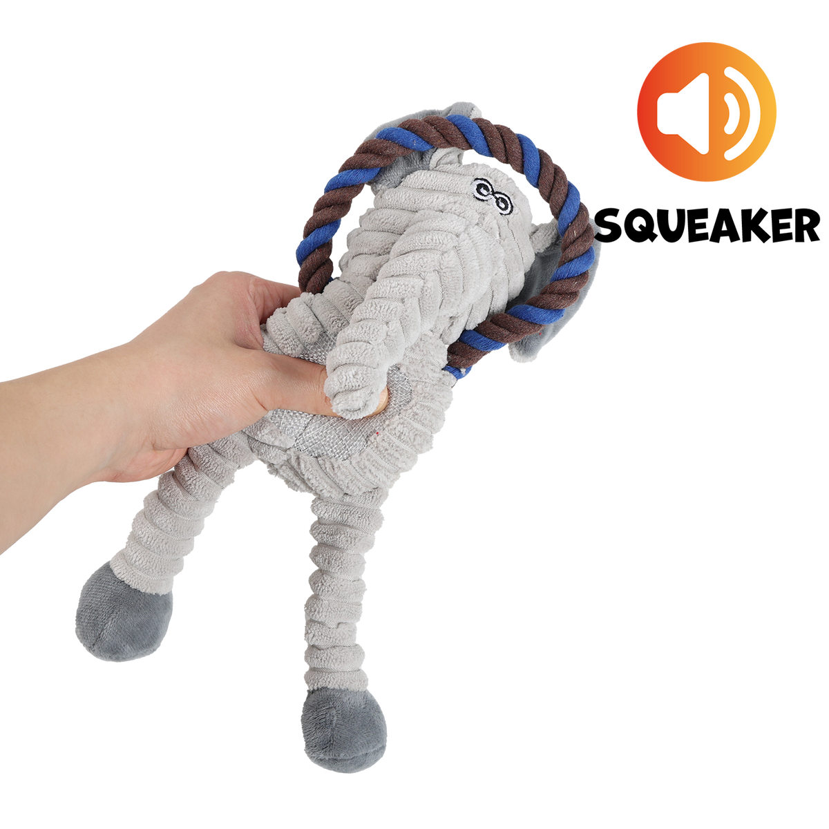 Uniq Pets Ropy Elephant – плюшена играчка за куче с въжен ринг и пищялка, 31 см