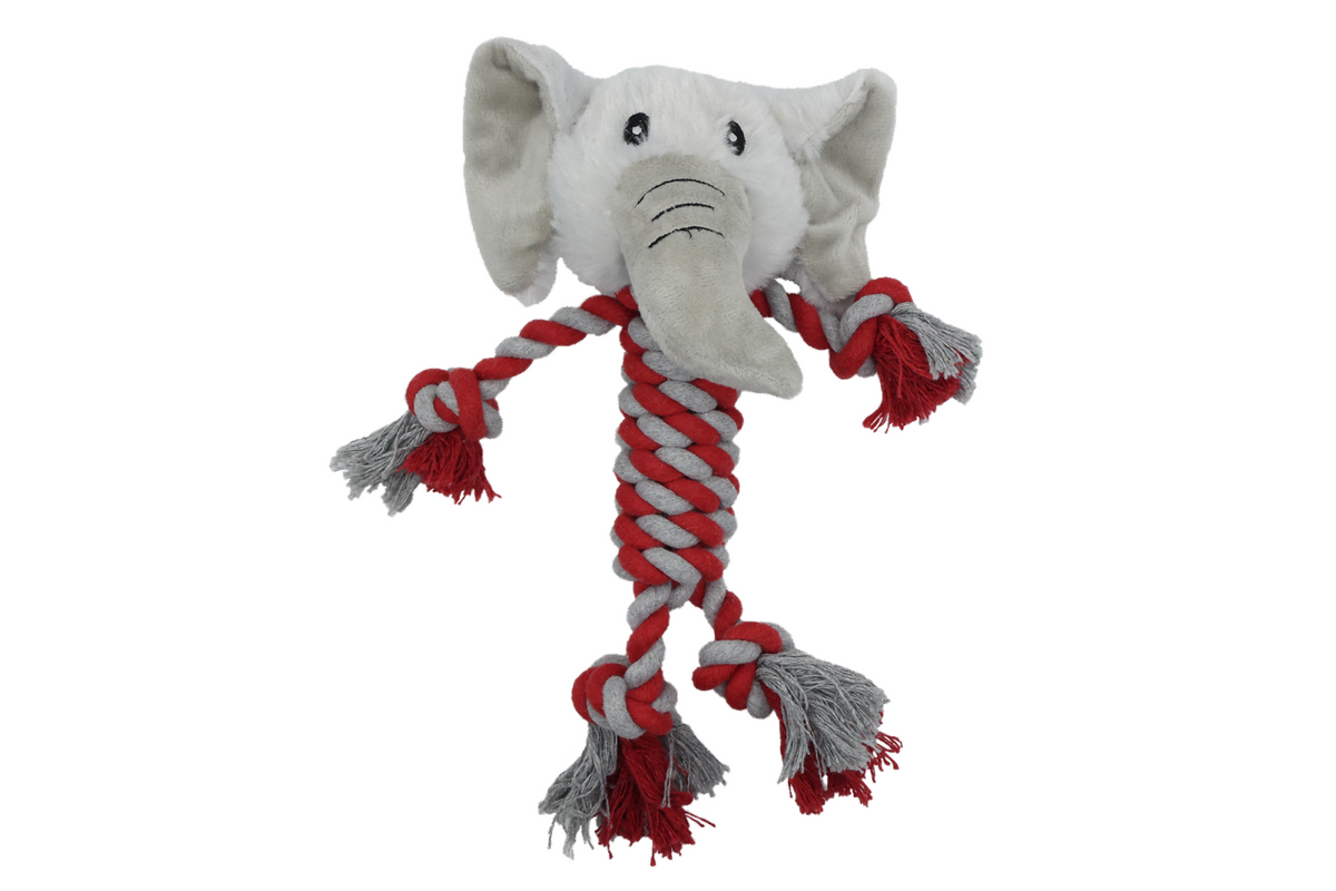 Uniq Pets Ropy Elephant – плюшена играчка за куче с въжета и пищялка, 28 см