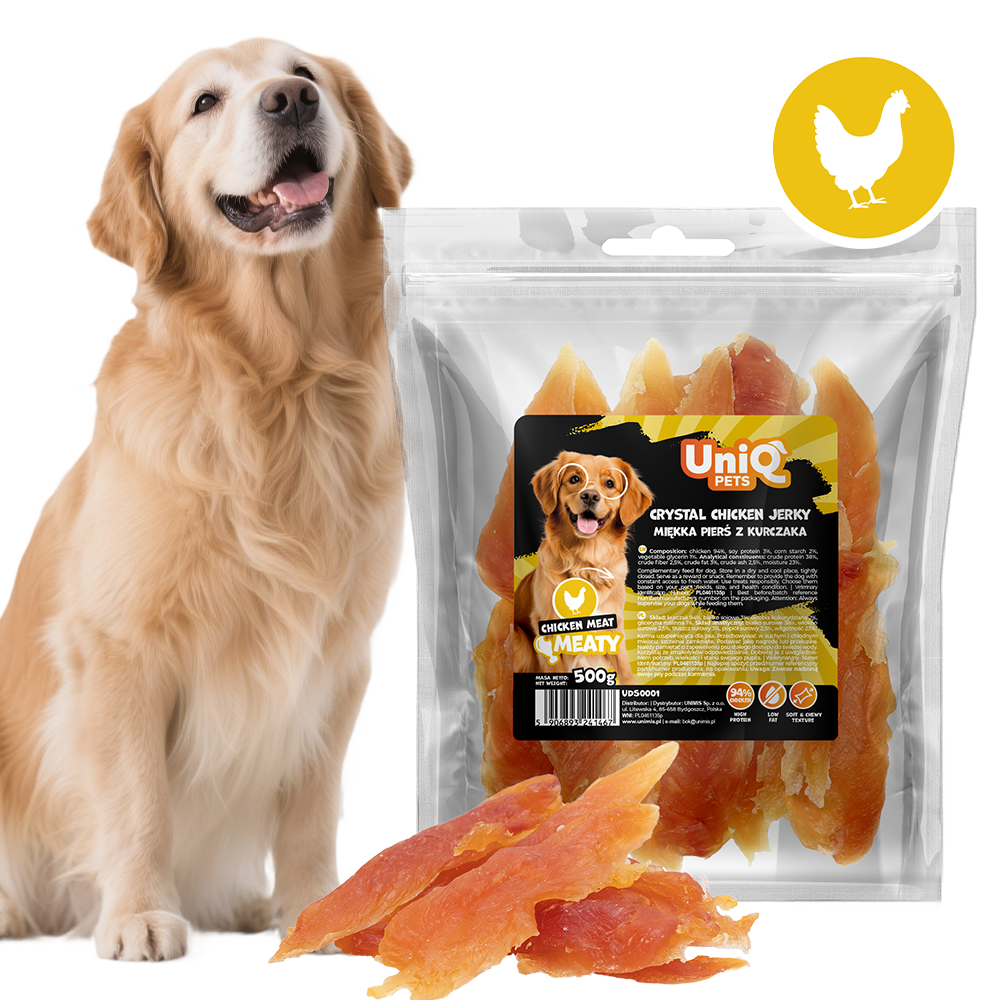Uniq Pets Meaty Crystal Chicken Jerky – меки лакомства за кучета с 94% пилешко, 500 г