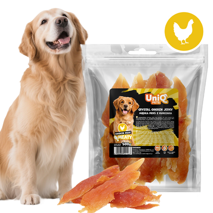 Uniq Pets Meaty Crystal Chicken Jerky – меки лакомства за кучета с 94% пилешко, 500 г