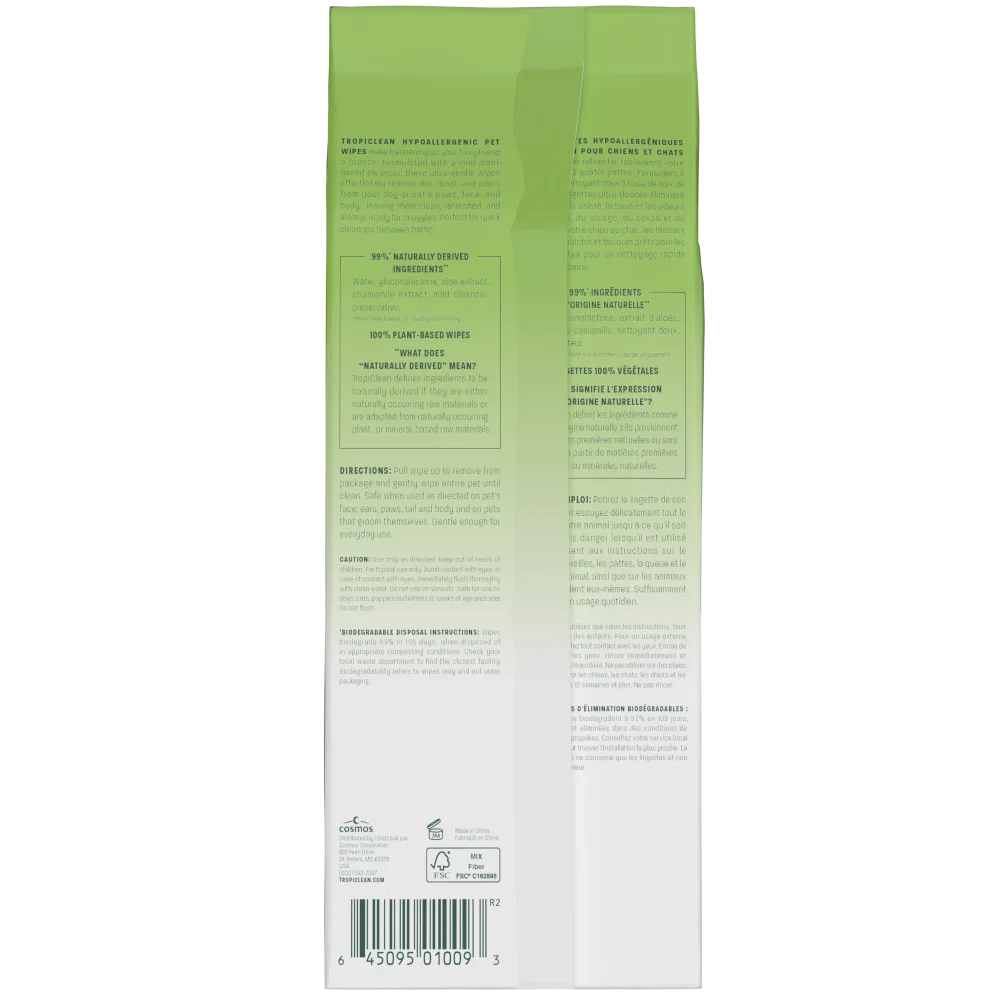 TropiClean Hypoallergenic Wipes – хипоалергенни мокри кърпички за кучета и котки, 100 бр.