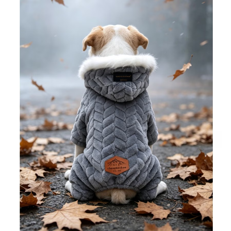 Cozy Cable - Grey Winter Plush Dog Jumpsuit